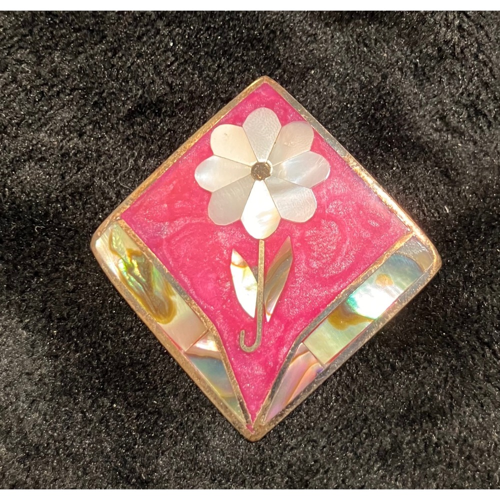 Vintage Alpaca Mexico Brooch Pin Women Pink Mother of Pearl Abalone Flower Inlay